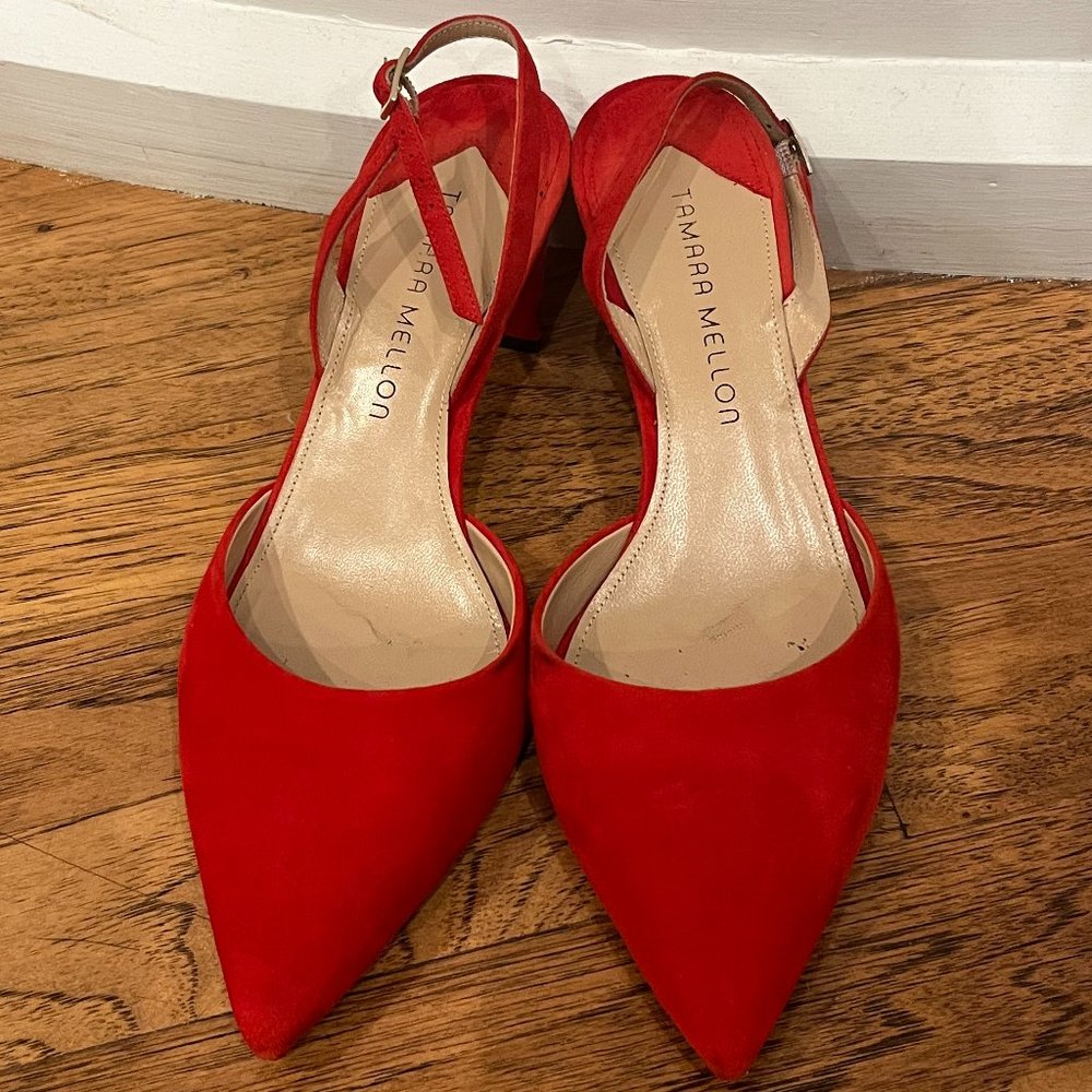 Tamara Mellon Suede Square Kitten-Heel Slingback